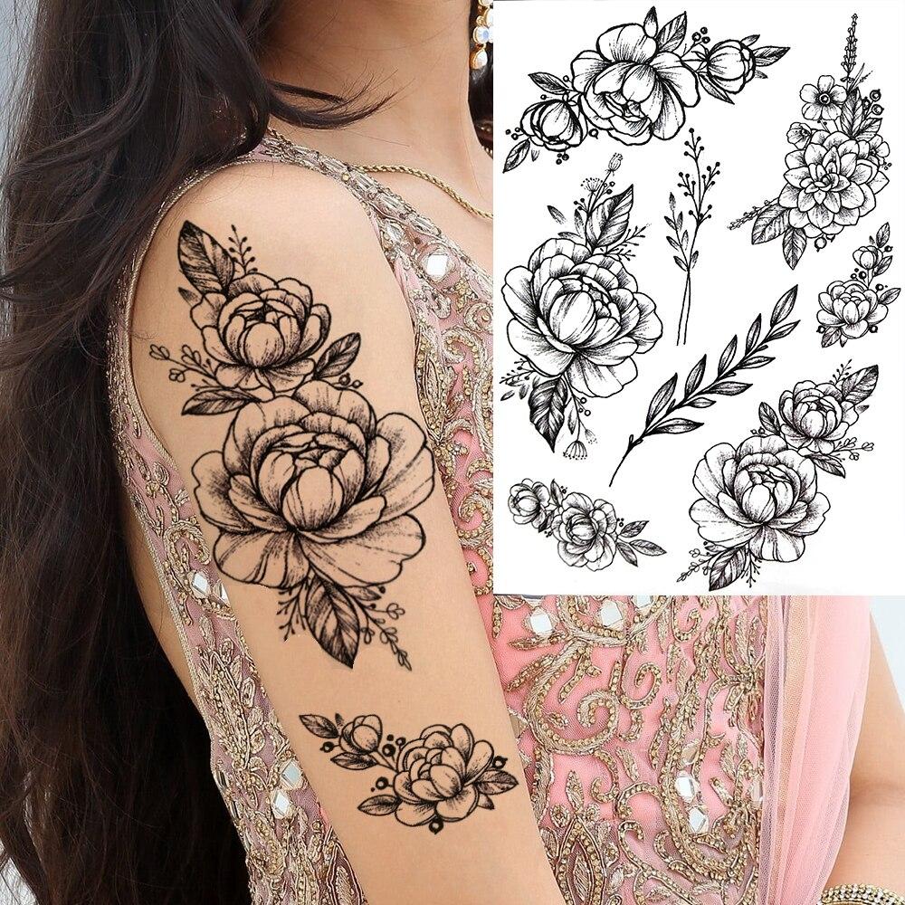 Black Flower Temporary Tattoo For Women Adultsl Fake Peony Rose Dahlia Lotus Tattoo Sticker 3D Body Art Bouquet Sexy Tatoo Paste