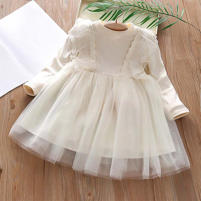 

Платье для девочек Детское платье Пышное газовое платье Круглый вырез Длинный рукав Однотонное детское платье XXL бежевый