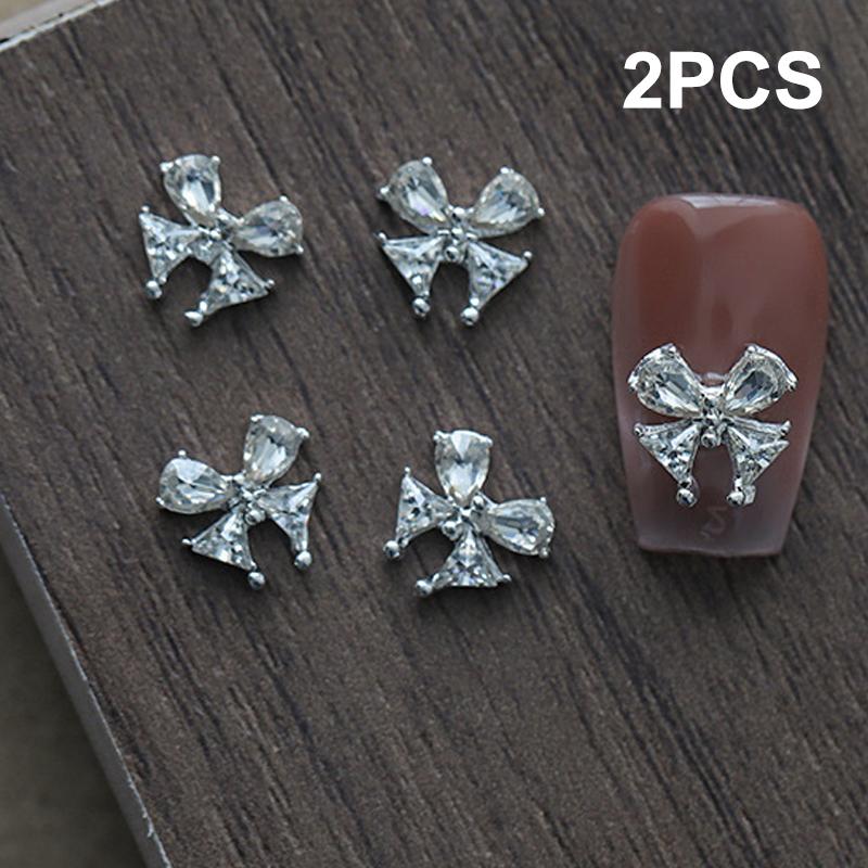 

2Pcs Love Bow Alloy Nail Art Pile Diamond Finished Product Super Flash Pile Diamond Nail Accessory Nail Jewelry Decoration Silver white bow