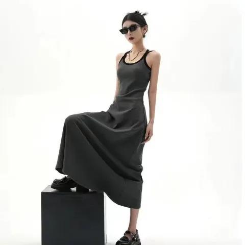 American street thin black suspender vest skirt medium and long sleeveless dress new women's skirt long dress