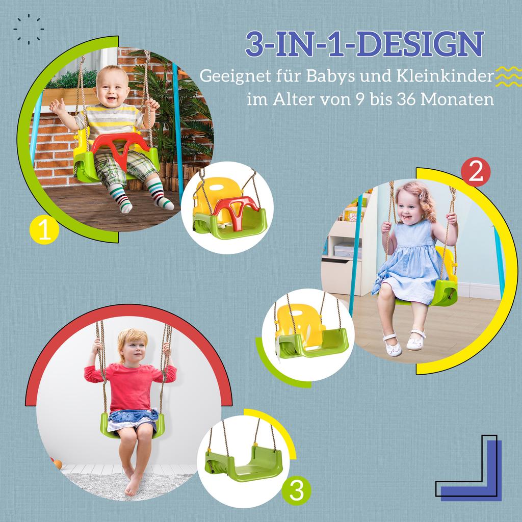 3 in 1 Detachable Kids Swing Seat with Safety Belt, Adjustable Rope for Indoor, Outdoor, Playground, Garden, Green