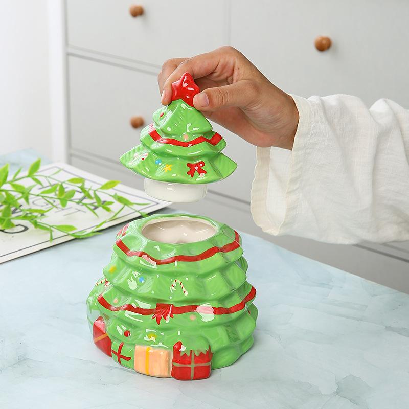 Hand-Painted Ceramic Snowman Cookie Jar, Christmas Tree Design Candy Storage Container, Holiday Kitchen Decor