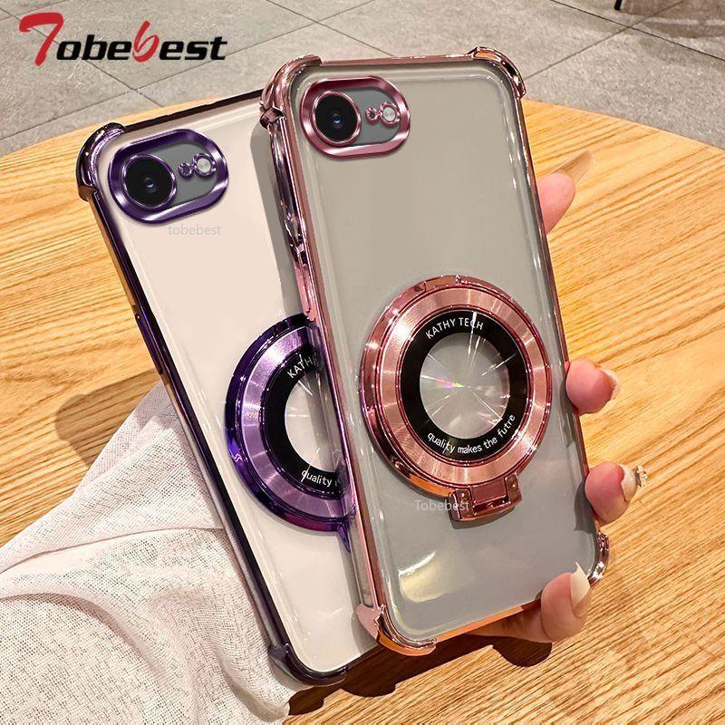 Clear Shockproof Plating Case For Iphone 16E 2025 16 15 14 13 12 11 Pro Max Fundas For Magsafe Magnetic Stand Holder Cover