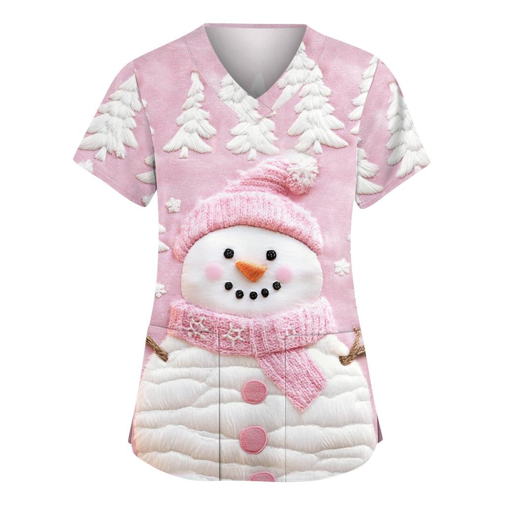 Women's Fashionable V-neck Workwear Christmas Printed Short Sleeved Pocket Side Slit Workwear Basic Pullover Top