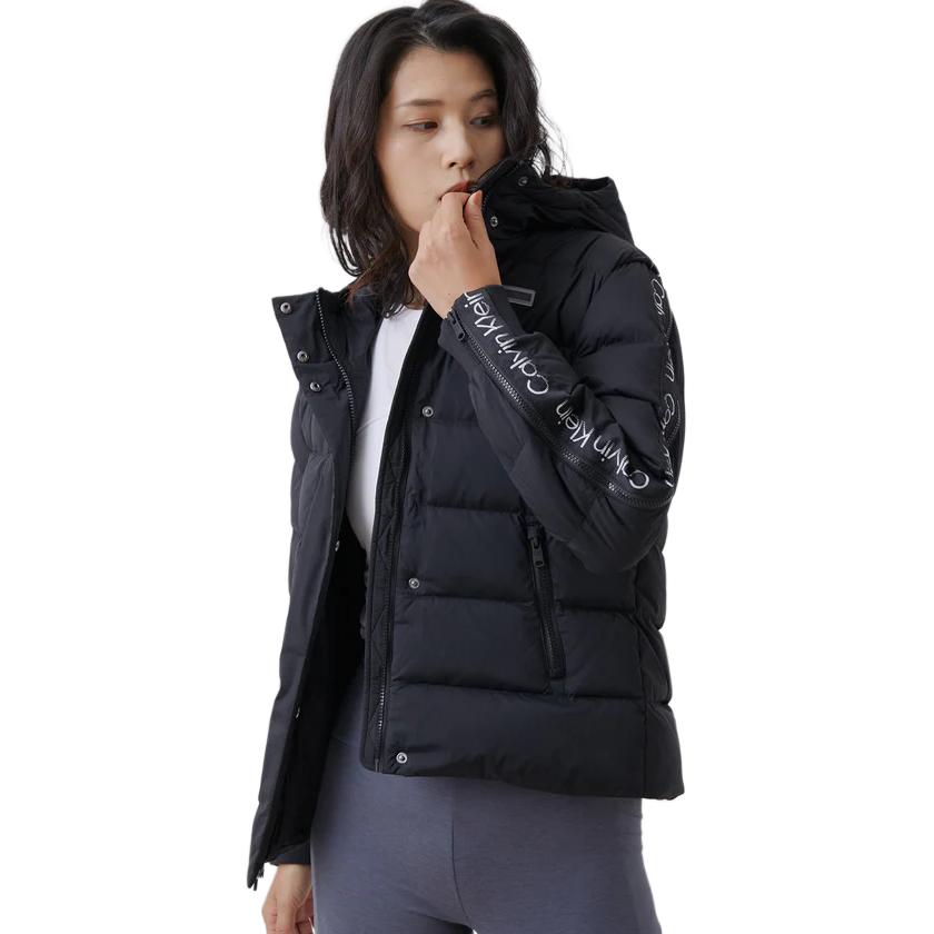 Calvin Klein Casual Short Jacquard Tape Zipper Hooded Down Jacket Women Jackets Black 4WF2O504-001