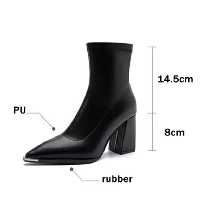 Fashion Brand Pu Black Ankle Boots 2025 Autumn French Retro Pointed Toe High Heel Chelsea Boots Metal Decoration Designer Short Booties