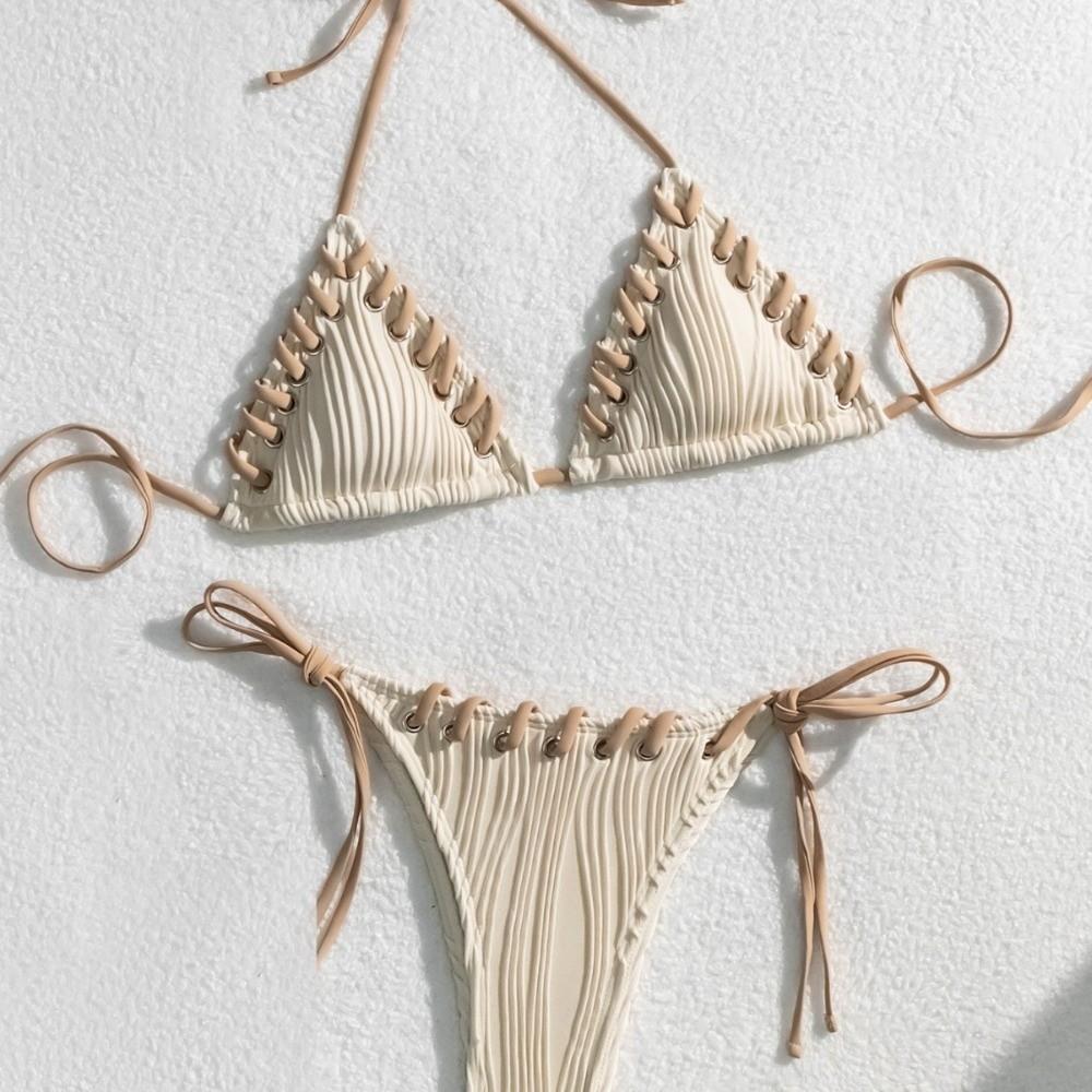 Lace Up Bikini Suit Ruffled Halter Neck Sling Swimsuit Fashion Swimwear Set  Swimming Pool