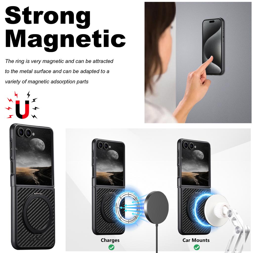 Carbon Firber PU Leather Phone Case for Samsung Galaxy Z Flip 7 FE 6 5 hardware Ring bracket Magnetic Charging Protective Cover