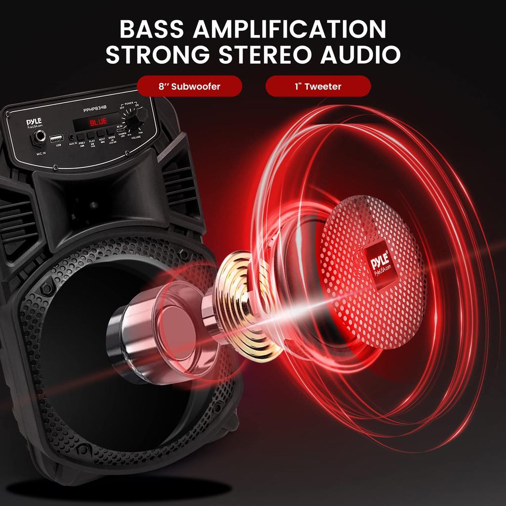 PYLE Wireless Bluetooth Portable Speaker with Max Rechargeable Perfect for and Features Include Flashing Party and a PPHP834B 8-inch 300-Watt Output,