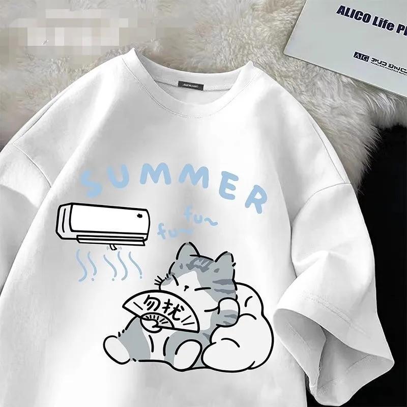 Summer Japanese Cartoon Cute Cat Fun Print Short Sleeve T-shirt Women's Loose Casual Half Sleeve Soft Bottom Plus Size Shirt Top