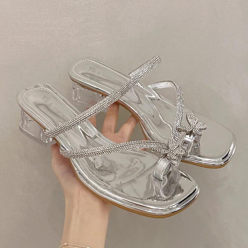 Fashion 2025 Luxury Crystal Butterfly Sandals Women Summer Fashion Clear Heel Wedding Party Shoes Woman Clip Toe Thick Heeled Sandalias