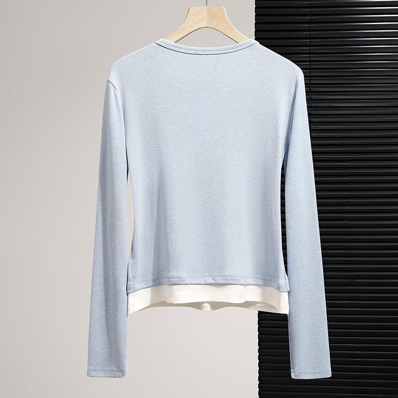 Women's Color Block Faux Two-Piece Round Neck Long Sleeve T-Shirt
