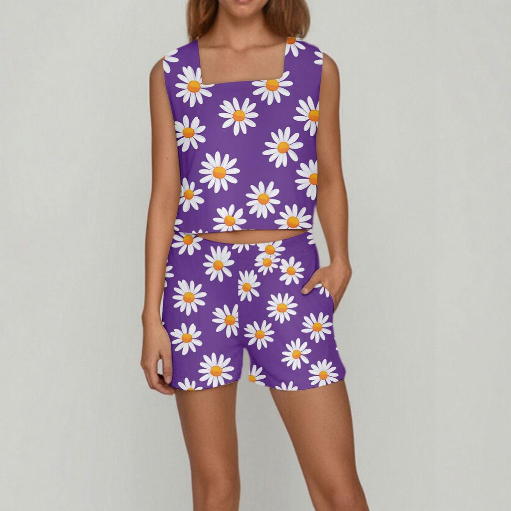 Women's Summer Two Piece Outfit Floral Print Sleeveless Square Neck Cropped Top High Waist Shorts Set Bodysuit With Pockets