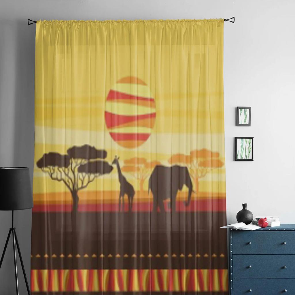African Elephant And Giraffe Sheer Curtains For Bedroom Exquisite Voile Curtain Living Room Kitchen Chiffon Fabric Curtains