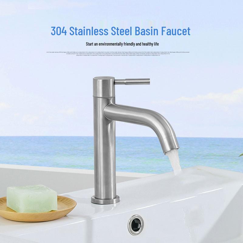 

Black 304 Stainless Steel Bathroom Faucet - Single Cold, Elevated Design for Countertop/Undermount Basins