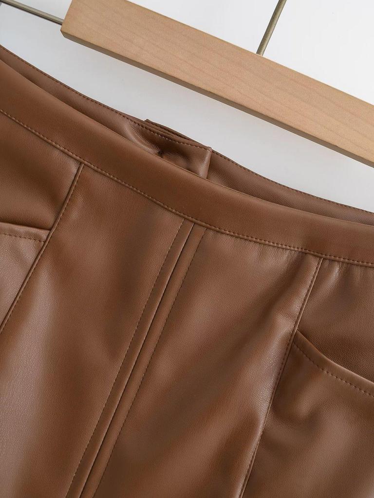 Slimming PU Leather High Slit Midi Skirt - Retro High Waist Hip-Hugging Style