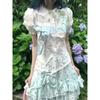 Womens Sweet Age-reducing 2-Piece Set Star Print Peter Pan Collar Puff Sleeve Blouse High Waist Cake Skirt