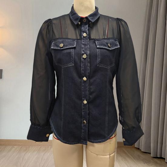 Dame Skjorte Gjennomsiktig Mesh Lappeteppe Kald Skulder Langermet Denim Topper Krage Knapper Stolpe Skjorte Country Konsert Klær