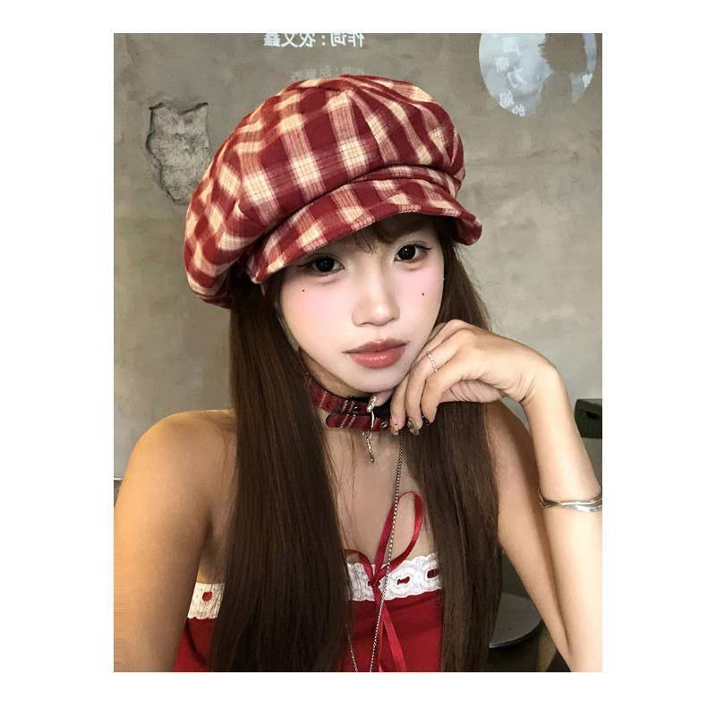 Women S Plaid Beret Hat Large Head Size College Style Japanese Vintage Autumn