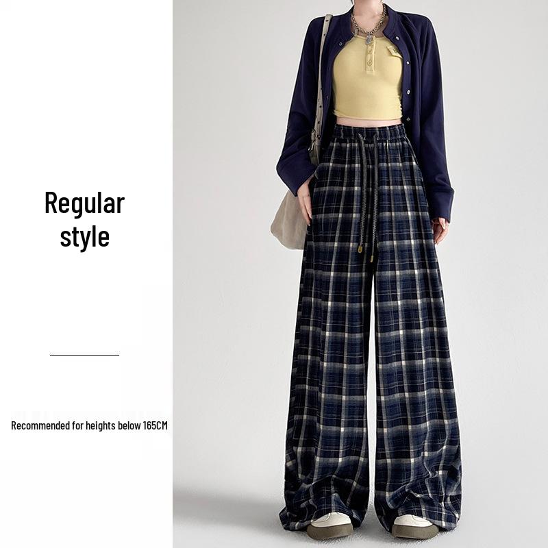 Women s Retro Plaid Wide-Leg Cuffed Pants - Spring 2026 Lazy Style XL