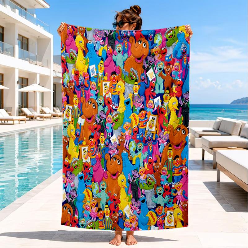 Colorful Sesame Muppets Together Beach Towel, Super Soft Microfiber, Perfect Gift for Her/Him, Birthday, for Pool, Beach, Travel, Decor Beach Party