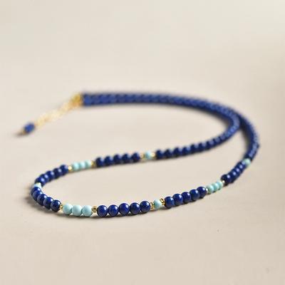 Lapis Lazuli Beaded Necklace with Light Blue Accents – Gold Tone Adjustable Boho Choker for Women, Natural Stone Jewelry Gift