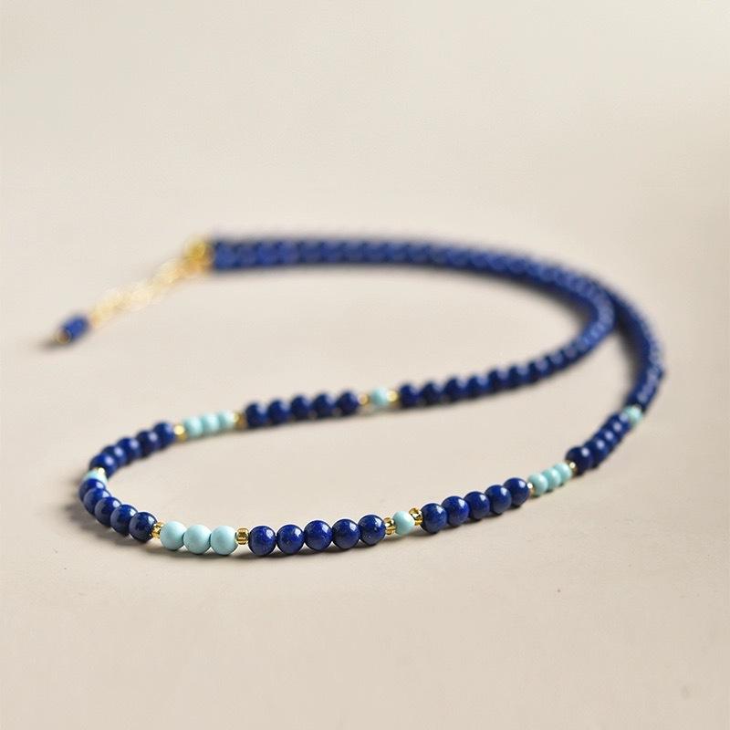 

Lapis Lazuli Beaded Necklace with Light Blue Accents – Gold Tone Adjustable Boho Choker for Women, Natural Stone Jewelry Gift