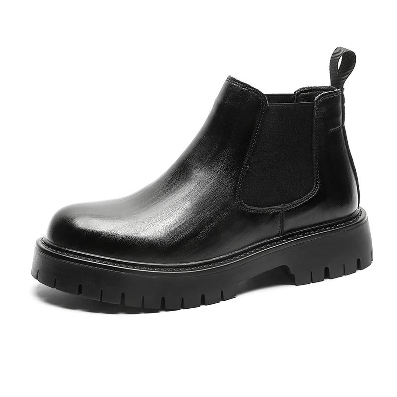 Fashion British Style Men's Street High Top Shoes Thick Soled Wear-resistant Men's Workwear Boots Versatile Black Leather Casual Shoes