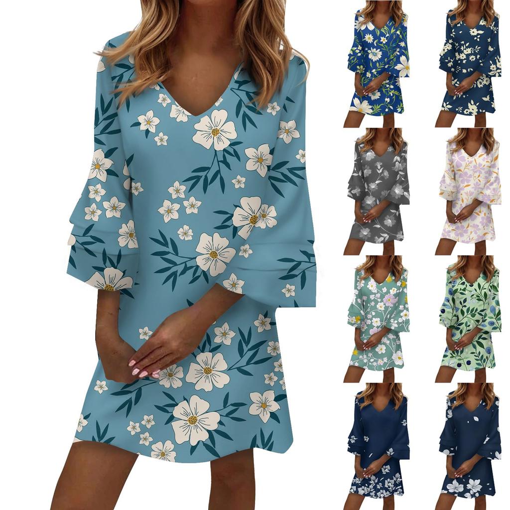 Women's  Fashion V-neck Solid Color Large Size Loose Long Large Swing 3/4 Sleeved Dress