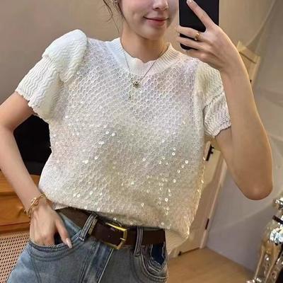 Women's Short Sleeve T-Shirt Sequins Knit Fashion Loose Top