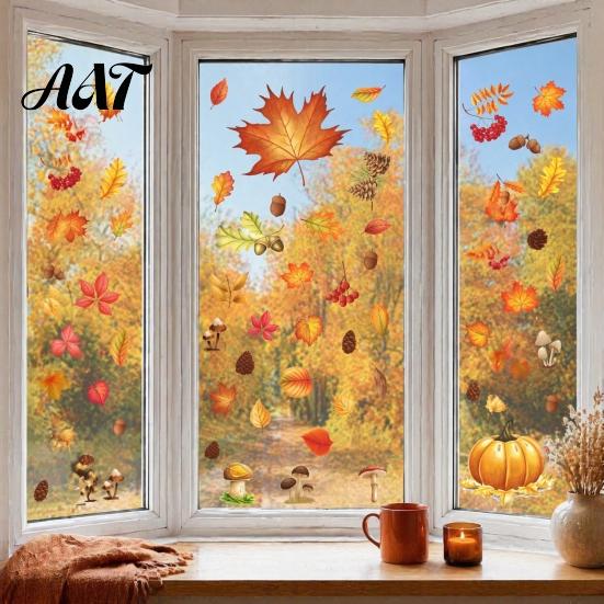 Autumn Window Clings 5Pcs Maple Pumpkin Static Clings, Fall Harvest Stickers, Easy Apply Decorations Glue-Free Removable Decor for Thanksgiving
