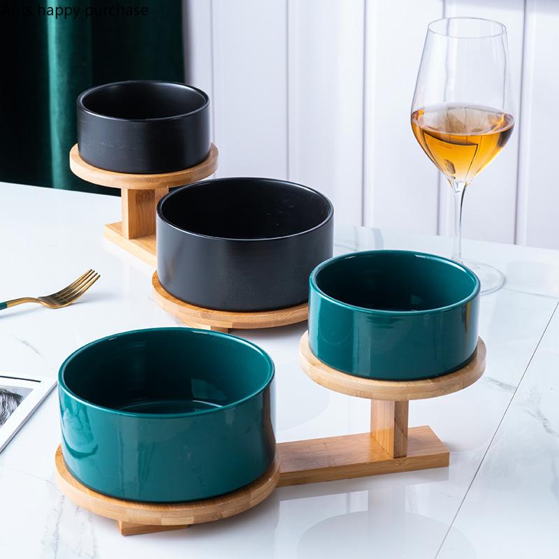 Ceramic Fruit Plate Solid Color Fruit Salad Bowl Two-piece Wooden Base Dessert Snack Tray Dishes Decorative Bowl Plate Tableware