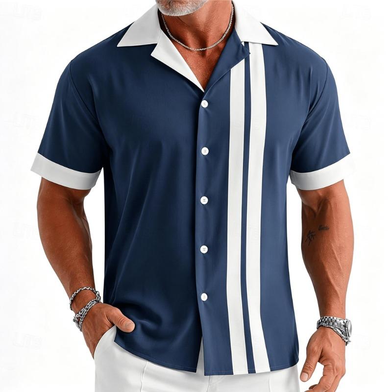 Camisa de Moda Transpirable Holgada de Manga Corta para Hombre Estilo Minimalista Rayas Retro Bowling