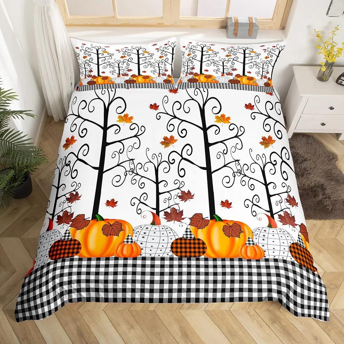 

Comforter Thanksgiving Day Pumpkin King Queen Bedding Set Kids Cartoon Autumn Fall Leaf Comforter Polyester Comforter (quilt)-EU Single(135*200cm)3pcs