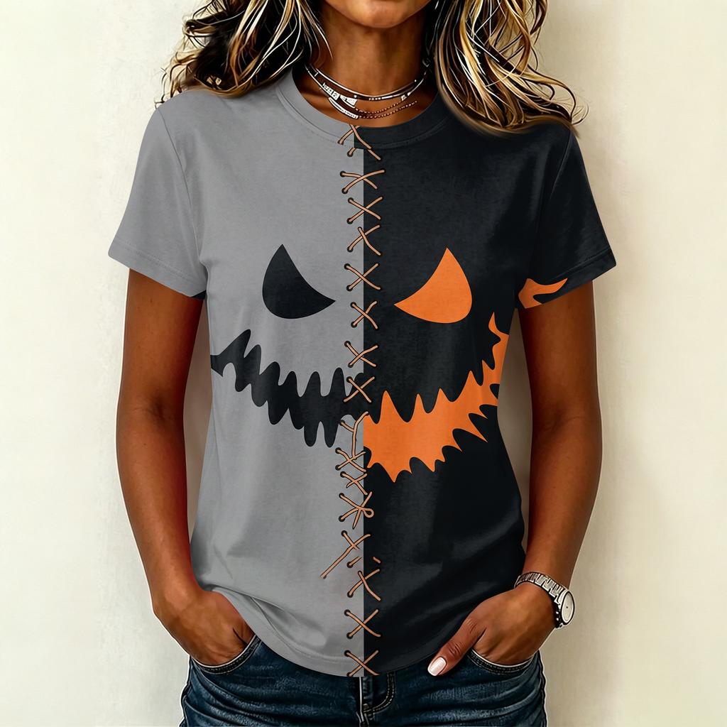 Women's Short Sleeve Round Neck T-Shirt with Halloween Print Pullover Casual Top for Party