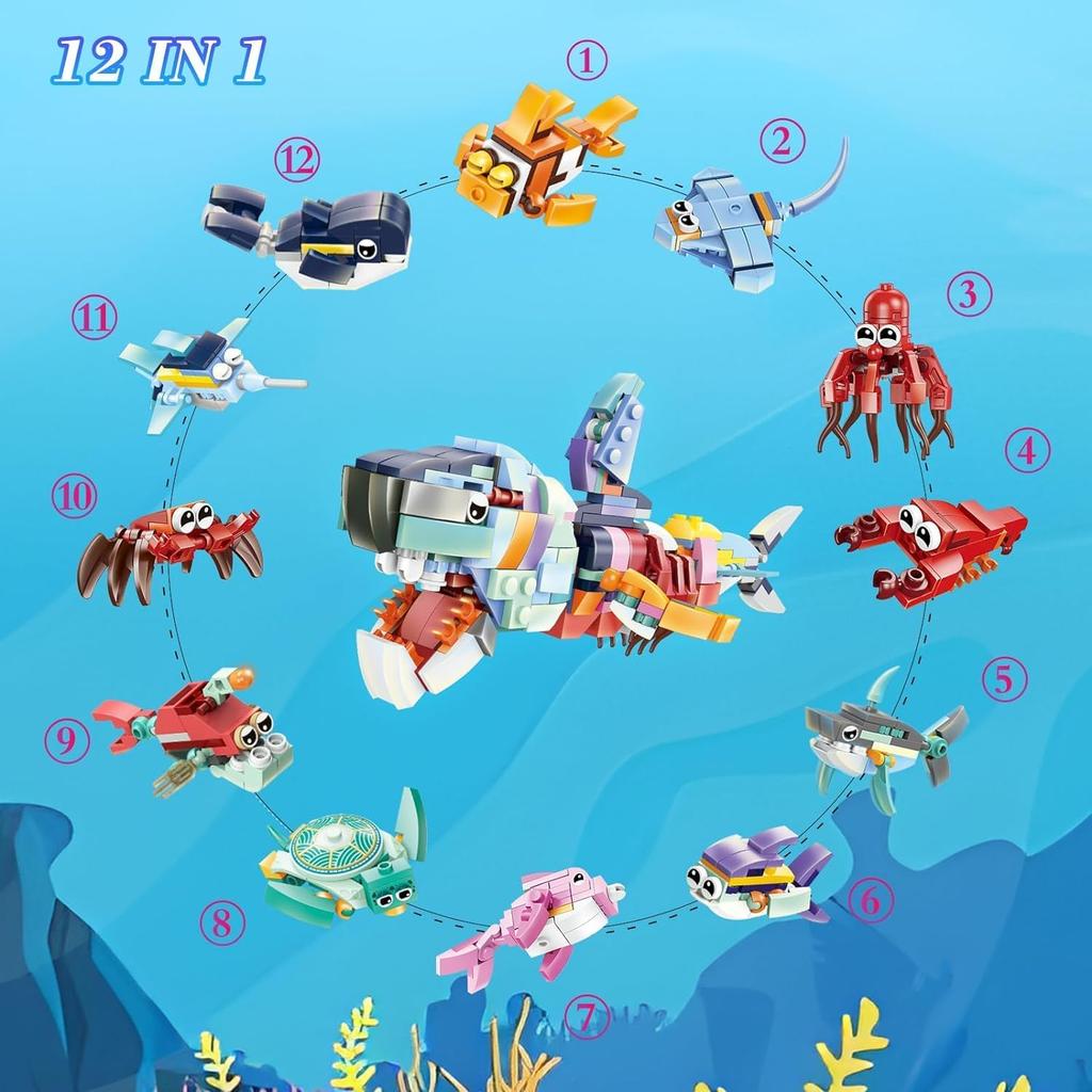 12 in 1 Pre Filled Marine Organism Building Block Set-12 Pcs Mini Building Blocks Toys, STEM Building Blocks Toys