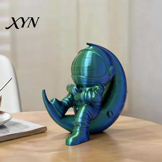 Office Desk Astronaut Figurine 3D Printed Moon Figurine, Sitting on Crescent Spaceman Ornament Statue, Desktop Decoration for Home Bookshelf Mini