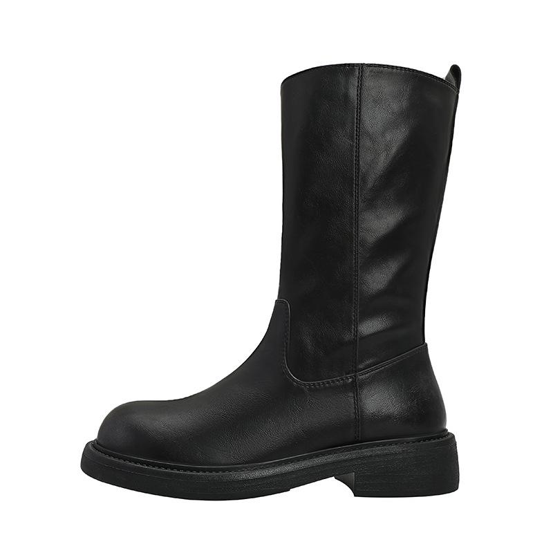 

Women s Chunky Heel Mid-Calf Boots: 2025 Autumn/Winter Collection with Thick Sole, Round Toe, Pleated Soft Leather, and Height-Enhancing Design. 38 чорний