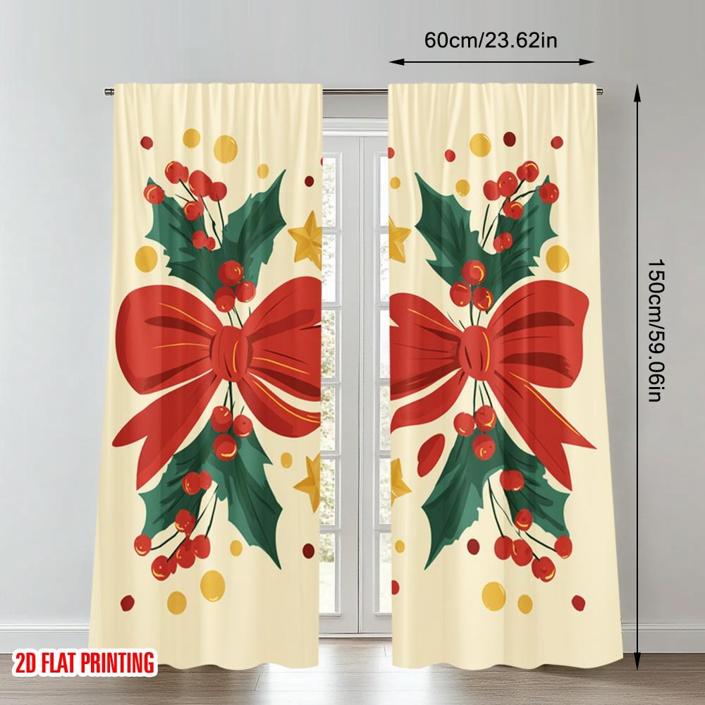 2 Stück 2D-Flachdruck Frohe Weihnachten Szene Vorhänge Weihnachtskaninchen Beeren Schleife Digital Bedruckte Polyester Vorhänge Familienfeier