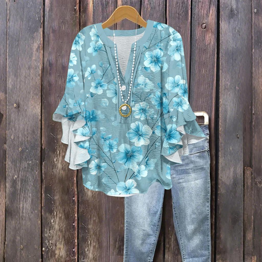 Dámská módní knoflíková halenka s volánky a sedmivteřinovým rukávem, top s květinovým potiskem