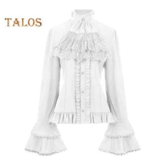 

Женский топ в стиле стимпанк, водолазка с бантом, декор, кружево, чистый цвет, с длинными рукавами-колокольчиками, однобортное гофрированное плиссированное пальто для косплея XXL белый