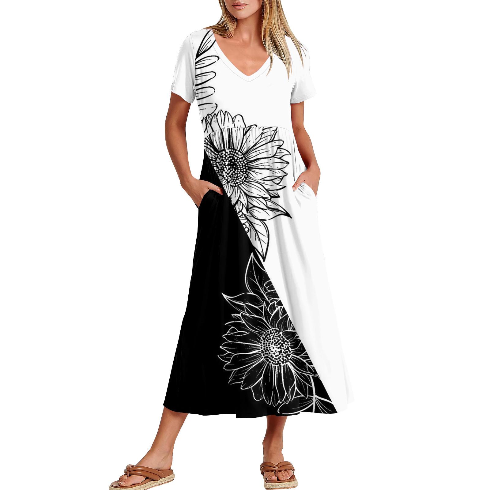 

Женские повседневные платья с карманами, струящаяся длинная юбка, женское летнее платье-макси с V-образным вырезом и короткими рукавами XL белый