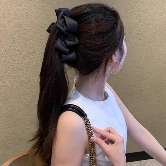 Women Hair Clip Anti-slip Teeth Three-Dimensional Bow Design Strong Grip Hair Claw Satin Texture Ponytail Holder Versatile Hair Accessory
