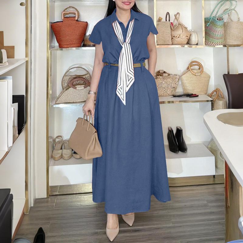 

ZANZEA Женский летний комплект из двух частей: блузка с коротким рукавом и длинные юбки 2XL тёмно-синий