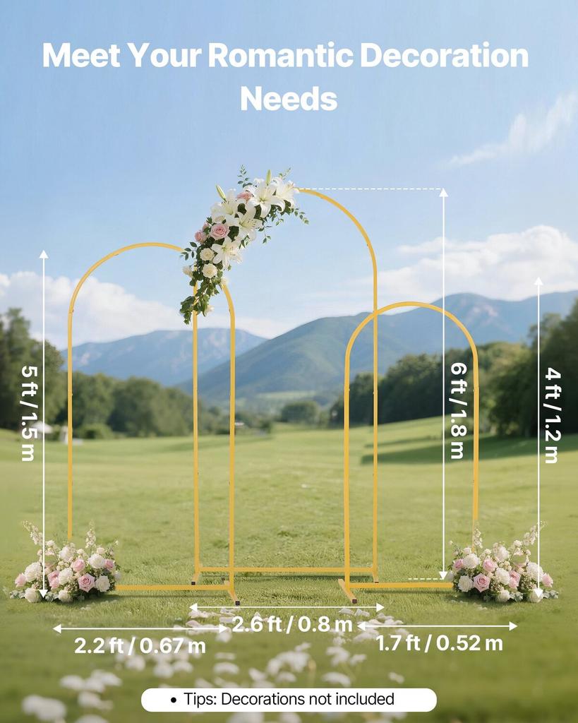 Arch Backdrop Stand, Set of 3, 1.8/1.5/1.2 M, Stable Structure, Easy Assembly, Gold Metal Arch Backdrop Stand for Wedding, Birthday Party, Graduation,
