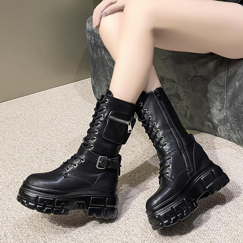 Fashion 9CM Autumn Warm Ankle Boots for Women Leather Short Boots Round Toe High Platform Fur Motorcycle Boots Thick Heel Sneakers Shoe