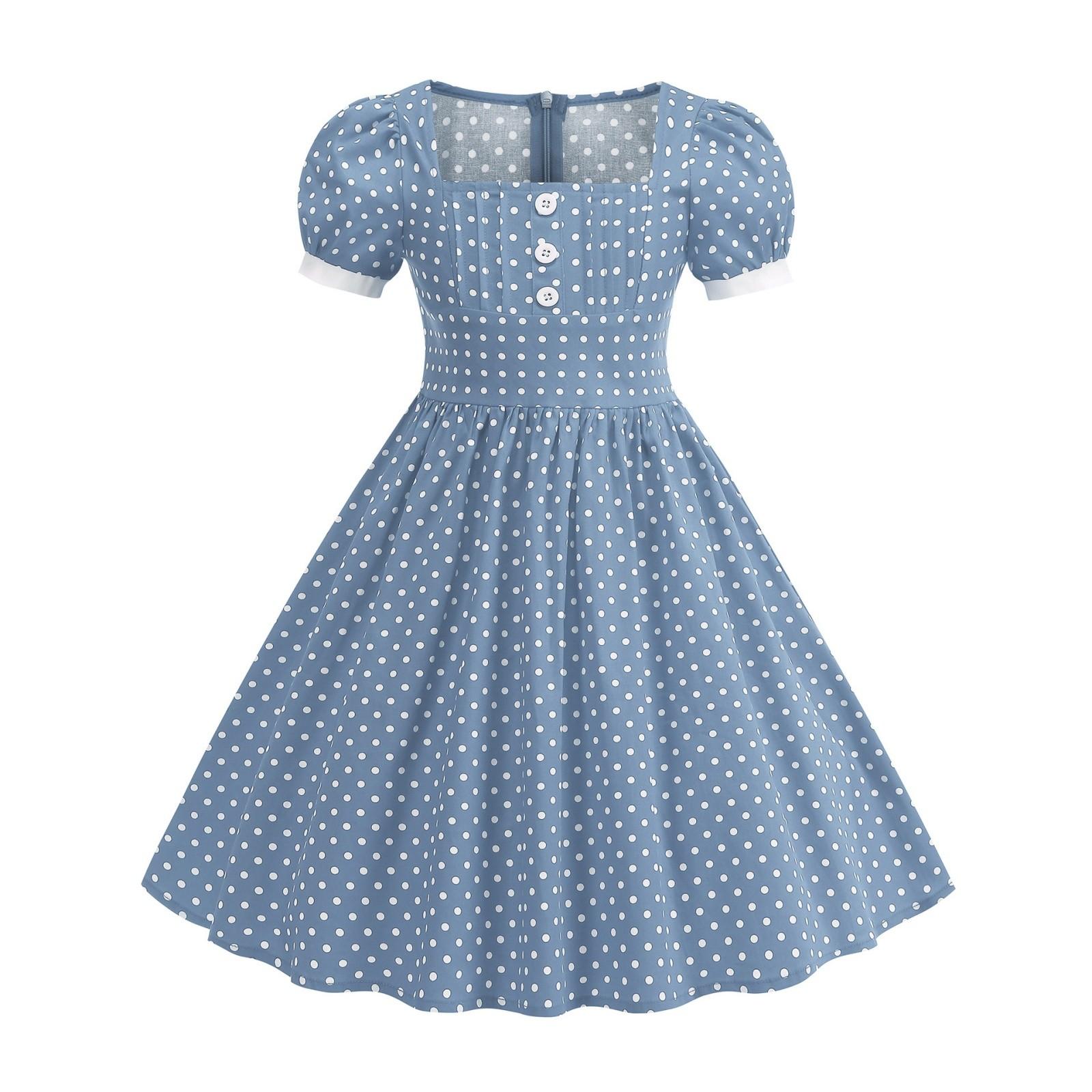 Fashion Summer Waist Polka Dot Dress Sweet Square Neck  Girls Women s Clothing M светло-синий