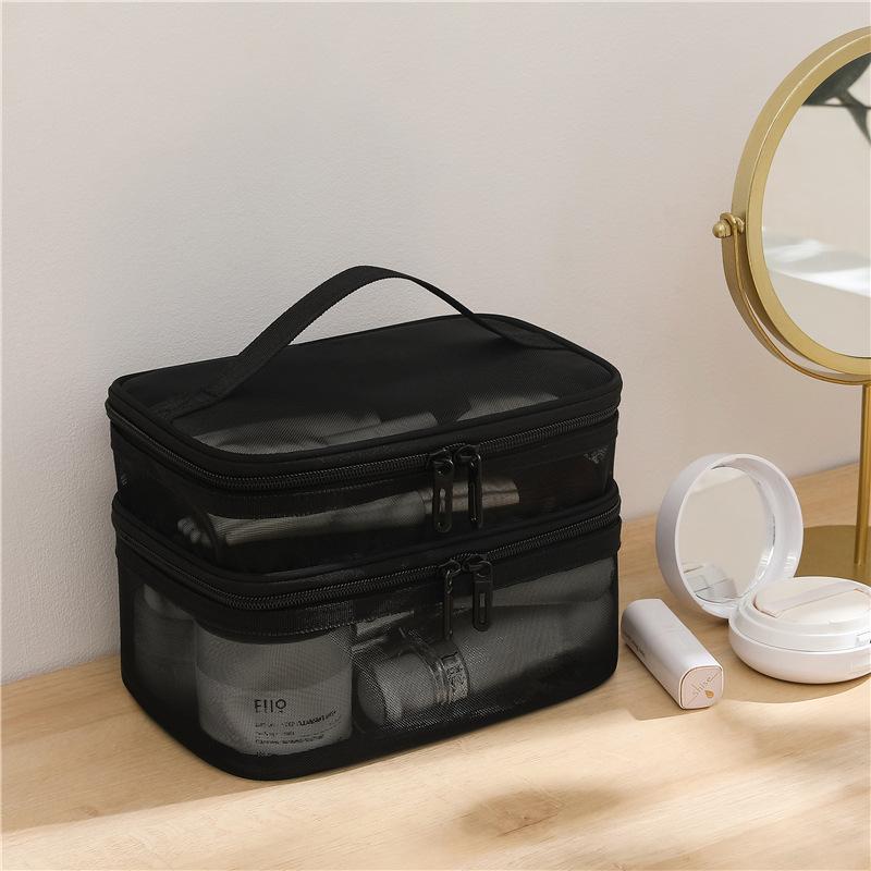 2025 New Nylon Mesh Double Layer Cosmetic Bag Large Capacity Portable Mesh Toiletry Bag Cosmetic Storage Bag