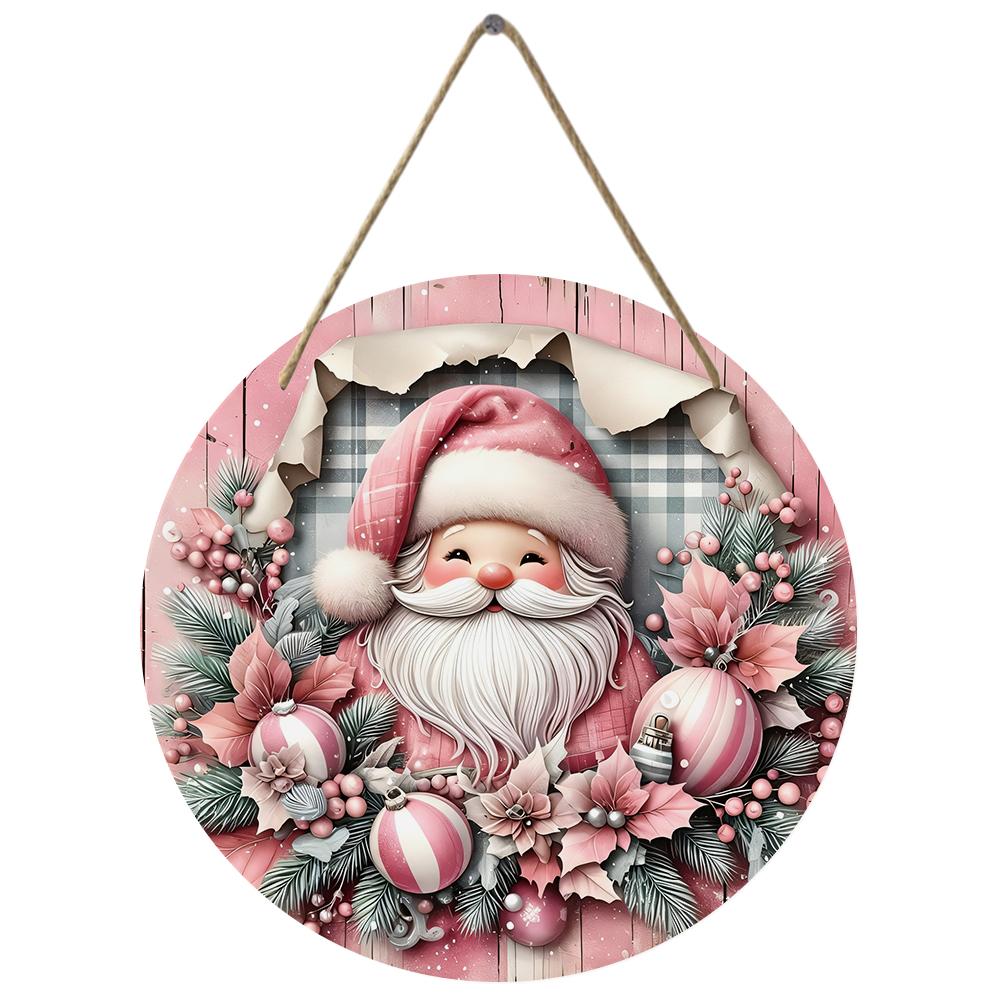 Vintage pink Santa Christmas sign Round Wooden Hanging Plaque festive wall decor rustic winter holiday front door ornament home party supplies