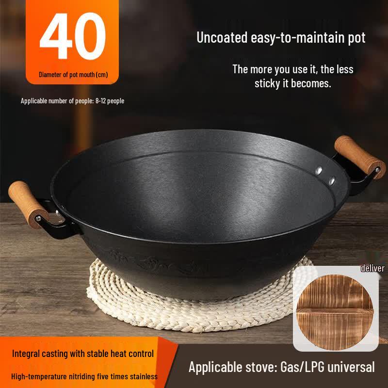 Zijin He s 40cm Pre-seasoned Cast Iron Wok with Wood Lid, 2-Pack